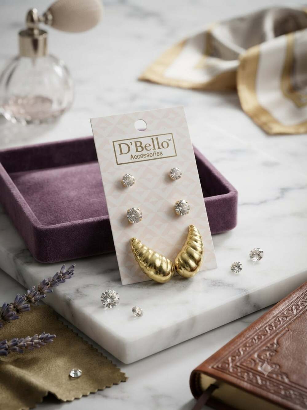 D'Bello Accessories 3-Pair Gold-Tone Hoop and Stud Earring Set